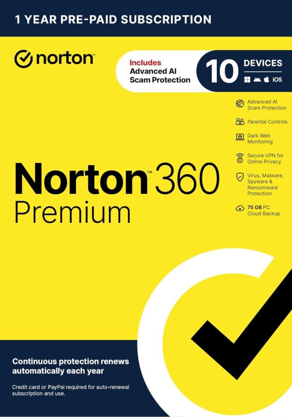 Norton 360 Premium 1 Year (Antivirus software for 10 Devices + 75 GB Cloud Storage)